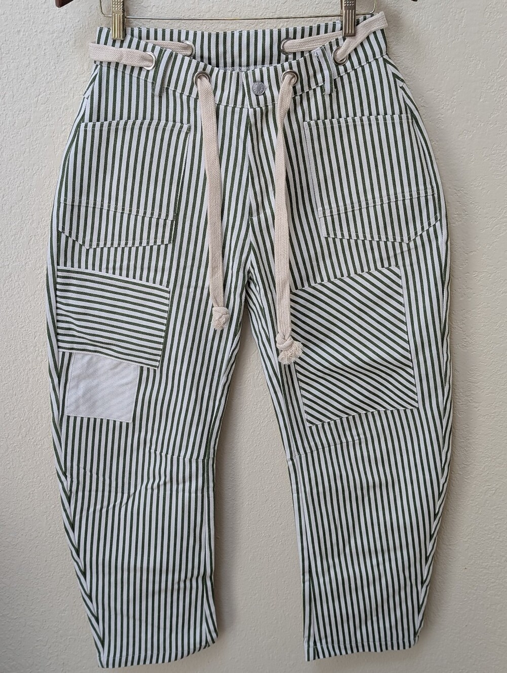 Women Y2K Green/White Striped Drawstring High Waist Straight leg Barrel Jeans